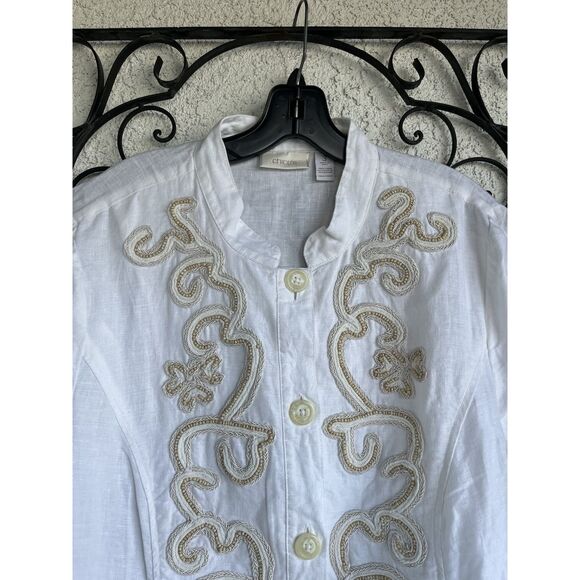 Chicos Linen Boho Beaded Jacket - Size 3/ XL Or 16 - White/ Tan Beads - Picture 3 of 9